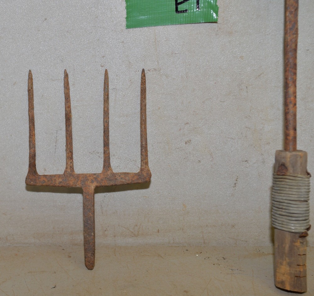 2 antique blacksmith forged tools eel frog fish gig spear & fork collectible E1