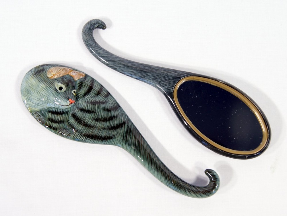 Hand Painted Handheld Mirror Gray Cat Design 014C