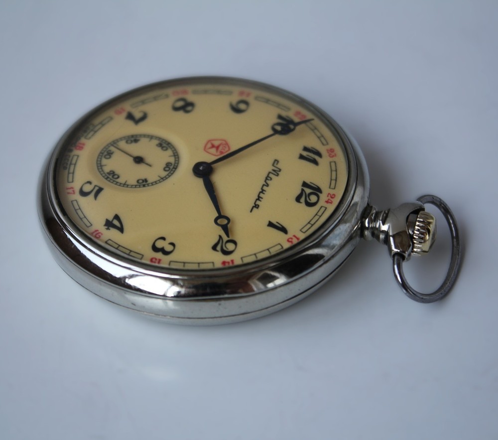 Molniya mechanical watch with a leather strap, wolves