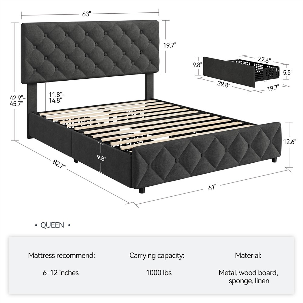 ⏯✅4 Storage Drawers and Headboard Queen Bed Frame Upholstered Platform Bed Frame