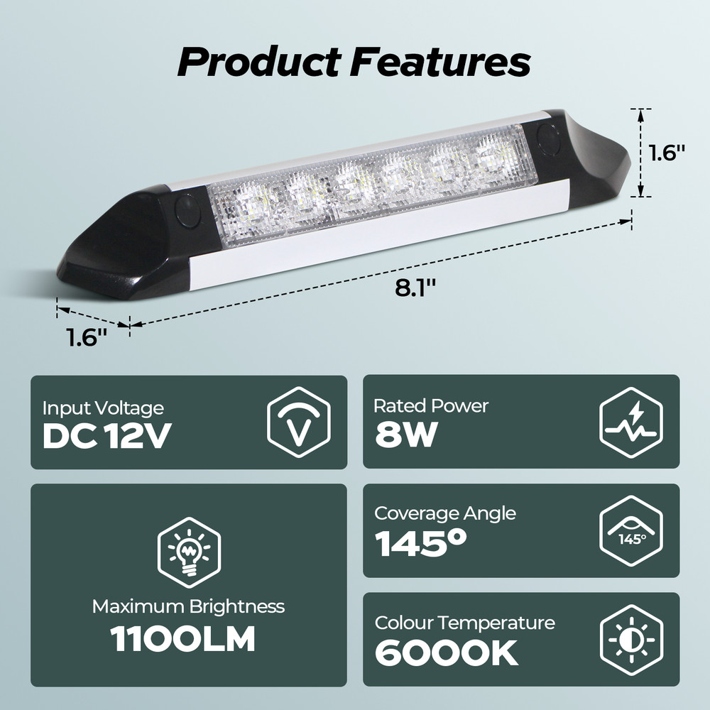8-Inch RV Porch Light 8W LED Exterior Utility Awning Light 1100LM for Campers