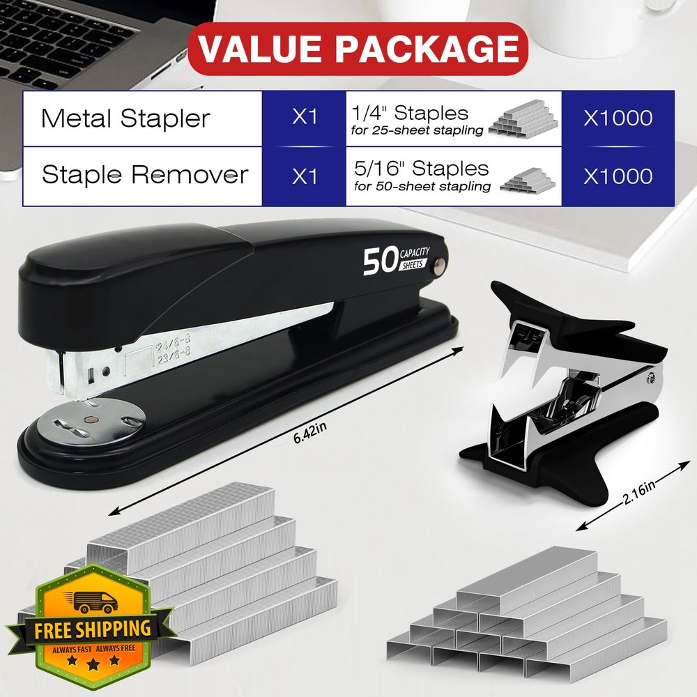 Heavy Duty Stapler 50 Sheets, 2000 Staples, Remover, Black