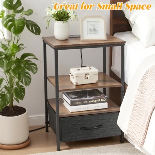 Night Stand with Charging Station, Bedside Table with Adjustable Fabric Black