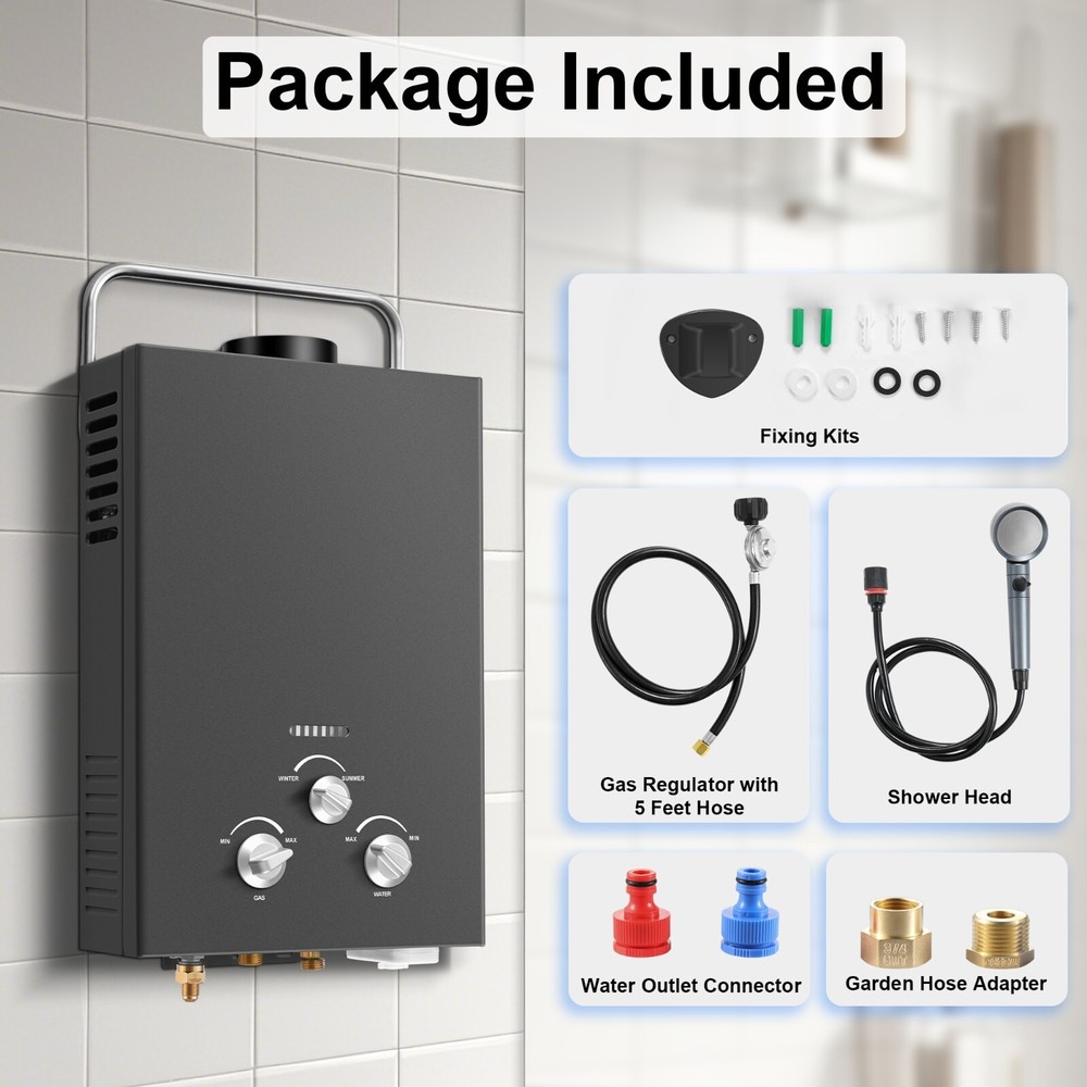 Outdoor Propane Tankless Water Heater - 6L 1.58 GPM Portable Gas Water Heater