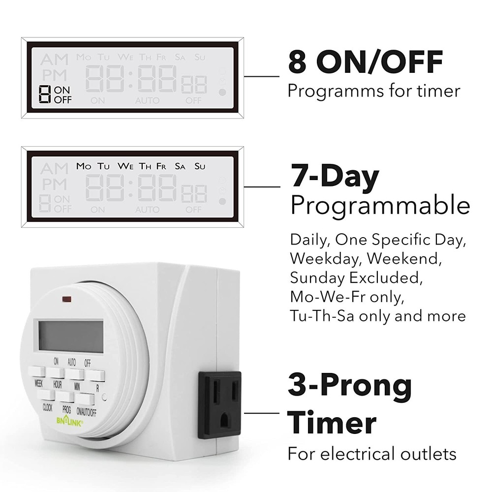 BN-LINK 7 Day Heavy Duty Digital Programmable Timer Switch - Dual Outlet 2 Pack