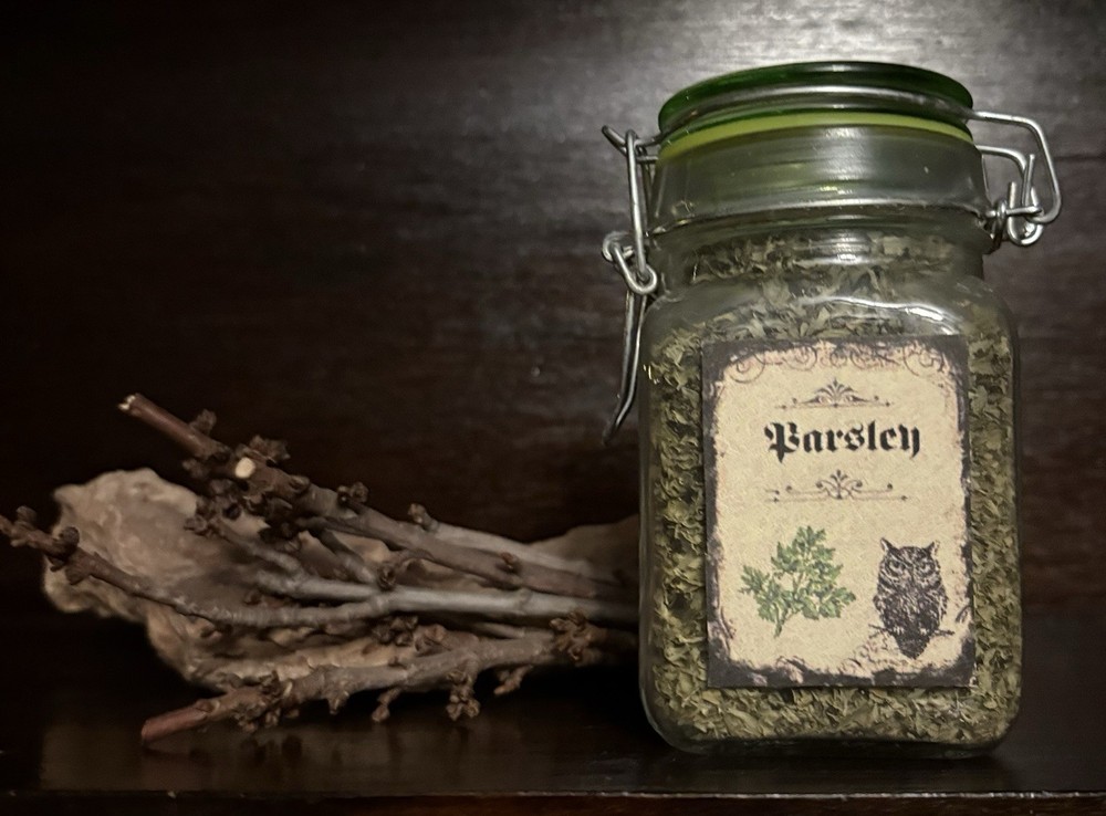 Parsley Dried Herb in a 8 oz. glass jar. Apothecary Witch Jar.