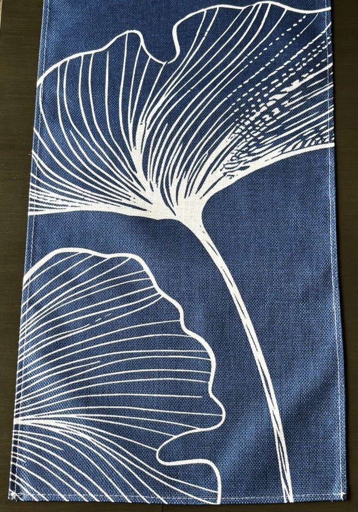 72" Navy Blue Off-White Elegant Modern Botanical Gingko Leaf Linen Table Runner