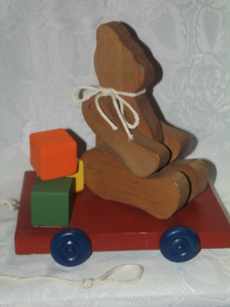 Vintage Handmade Wooden Bear Pull Toy Decor