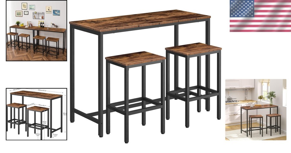 Rustic Brown Bar Table Set 3-Piece Industrial Pub 47.2" Rectangular Stools
