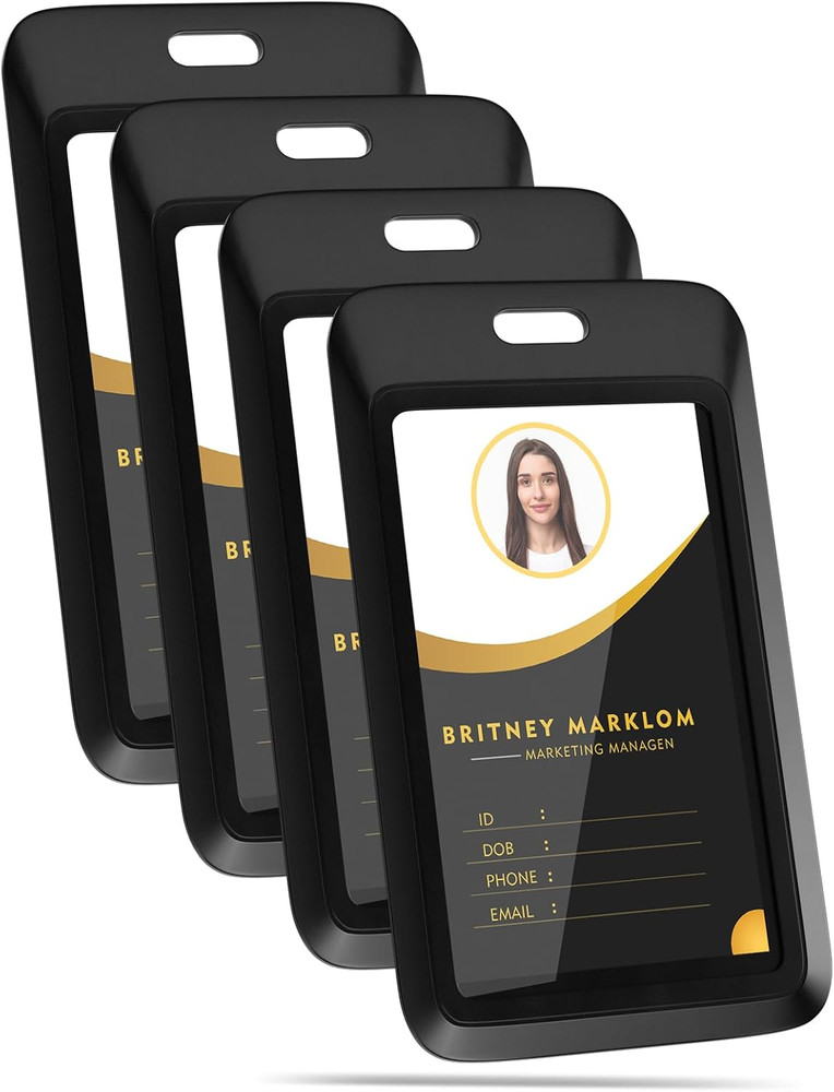 4 Pack Vertical Black ID Badge Holders Hard Plastic Key Card Protector Case
