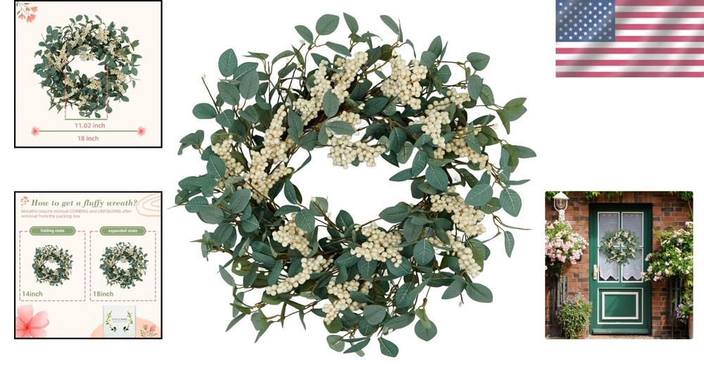 Durable 18" Spring Wreath with Eucalyptus & White Berries for -Round Charm