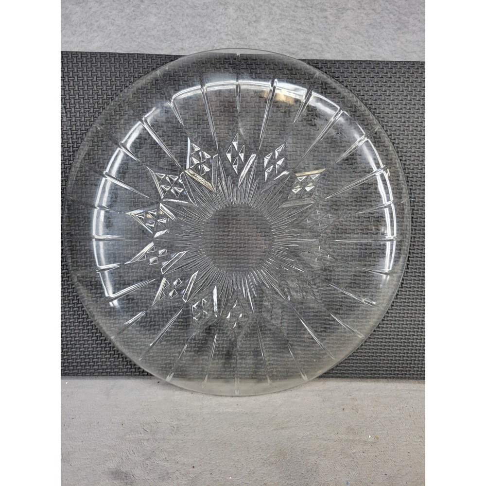 Vintage Clear Glass Round Serving Platter Starburst Diamond Pattern 12"