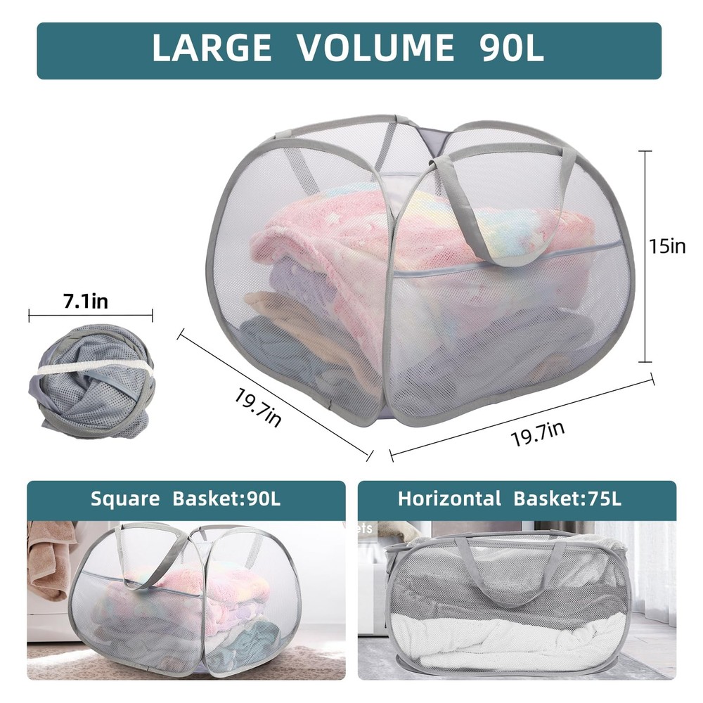 Collapsible Laundry Baskets, 90L Large Foldable Laundry Basket, Durable Mesh ...