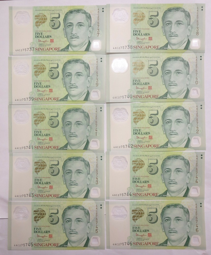 10 Singapore $5 Five dollars polymer notes UNC uncirculated 2015 2016 series