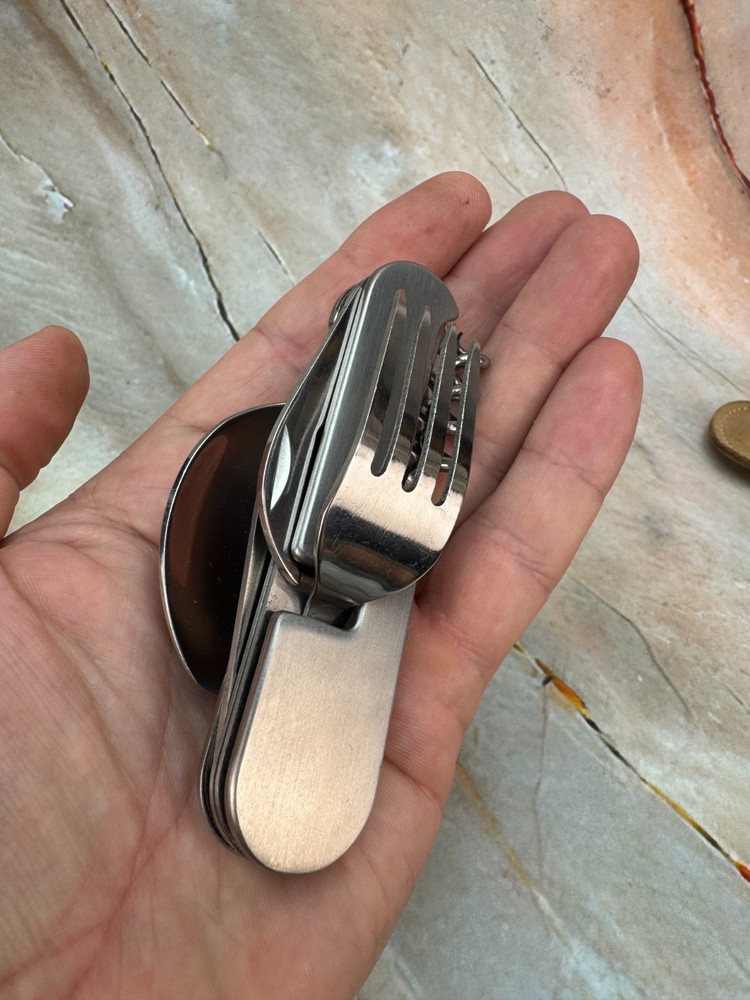 Camping Folding Cutlery Set with Leather Pouch | Knife Fork Spoon Opener