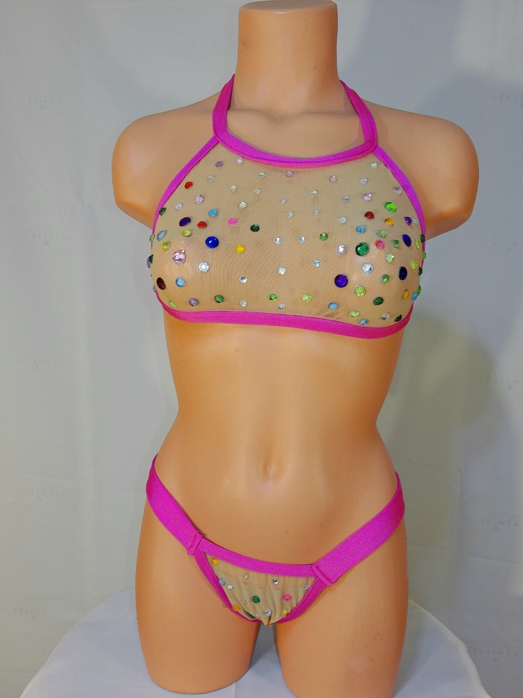 Exotic dancer stripper medium multicolor two piece bikini dance outfit-dancewear