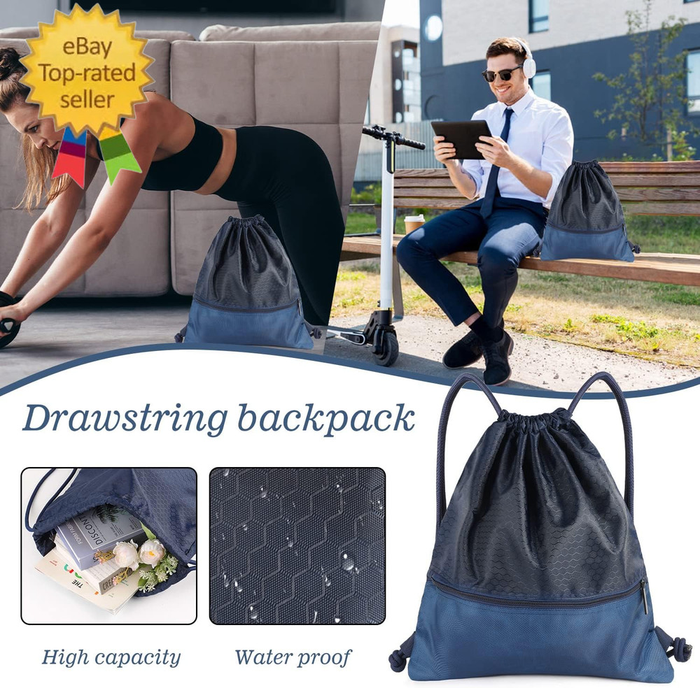 Drawstring Backpack Bag, Waterproof Draw String Back Sack with Zip Pocket