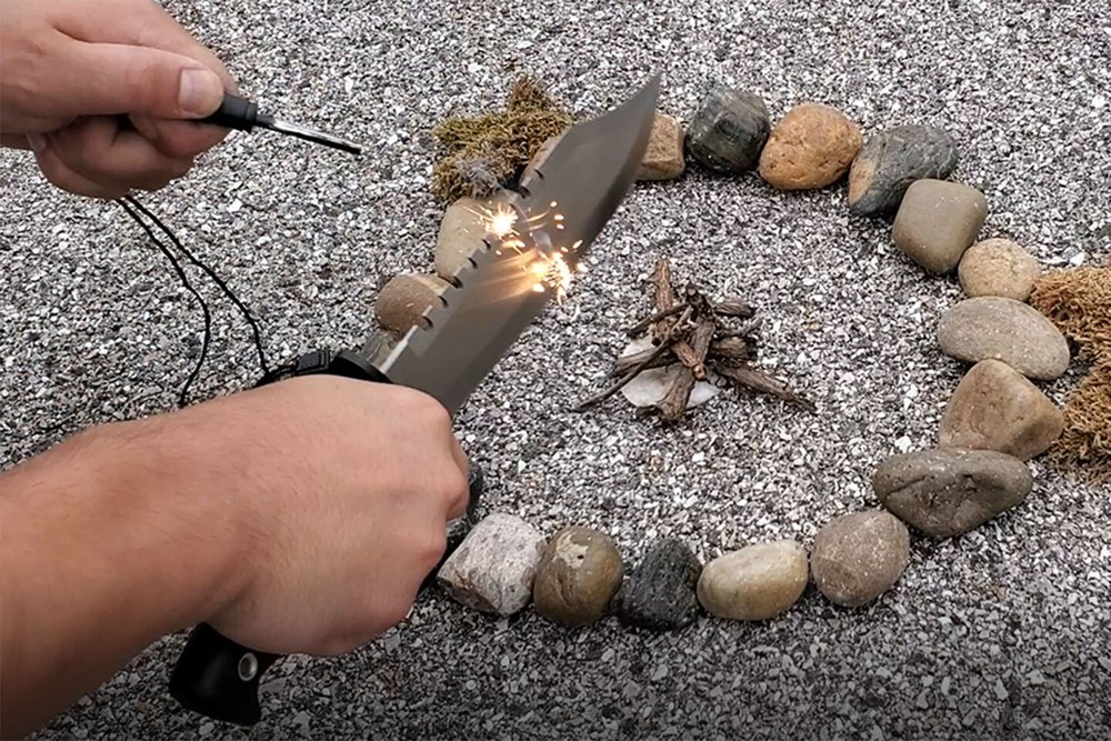 Survival Knife | Clip Point Blade Rubber Handle + Sheath, Flint, Sharpener