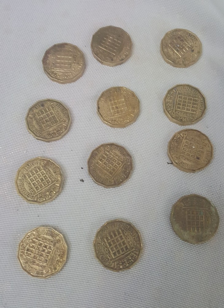12 x Three penny coins