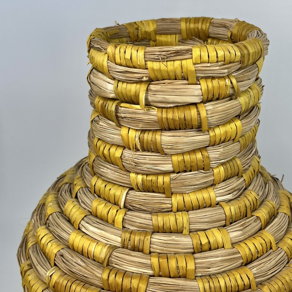 Wicker Coiled Bottleneck Vase 14.5” Floor Tabletop Boho Decor Yellow Stripe