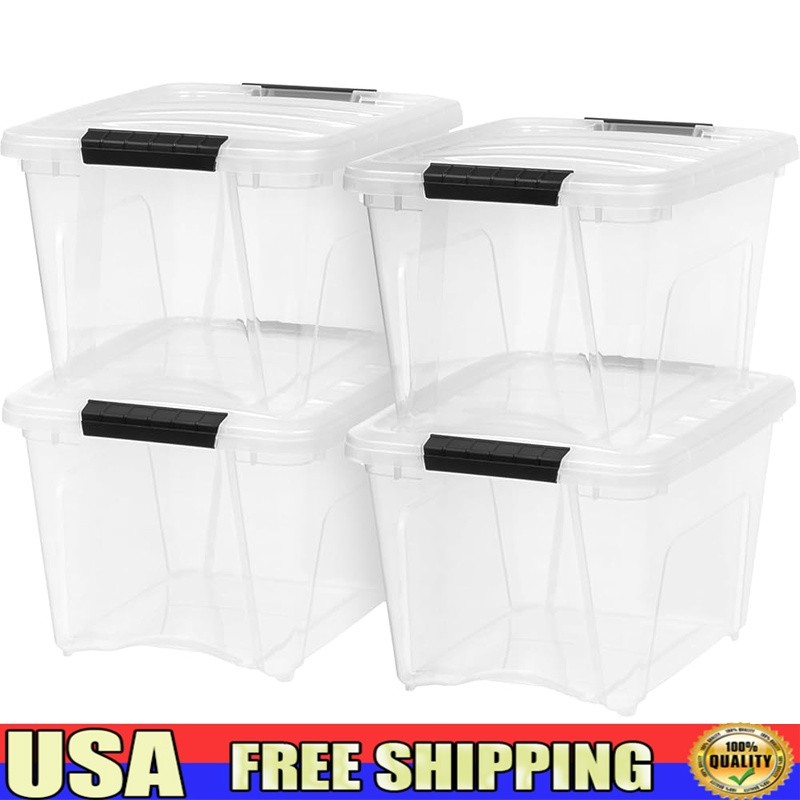 Stackable Clear Plastic Storage Bins W/ See-Through Design & Pull Handle 4 Pack