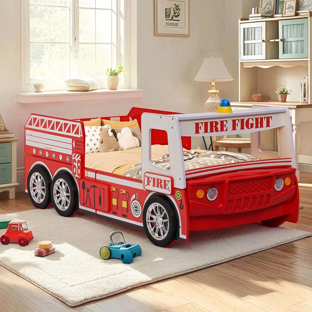 Kids Fire Truck Bed with LED Lights - Solid Built & Kid-Friendly Design