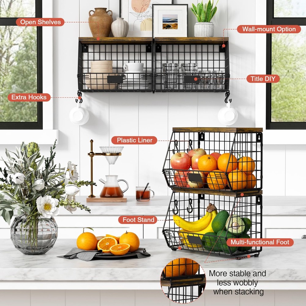 Hanging Wall Fruit Basket for Kitchen Counter 2 Pack, Stackable Wire Baskets ...