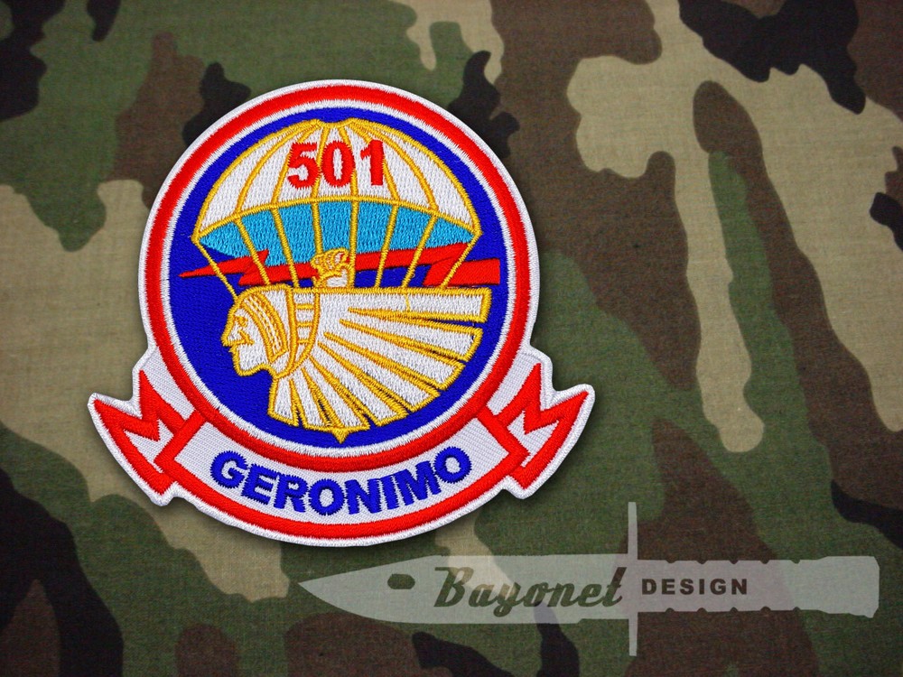 501st Parachute Infantry "Geronimo" Patch - 3 1/2" X 3 7/8" Hook & Loop backing