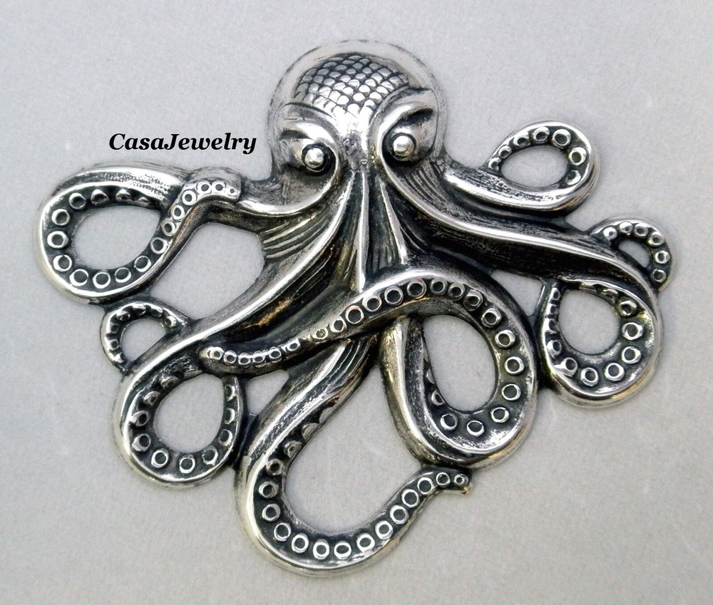 #1807 LARGE ANTIQUED STERLING SILVER PLATED OCTOPUS COMPONENT - 1 Pc Lot