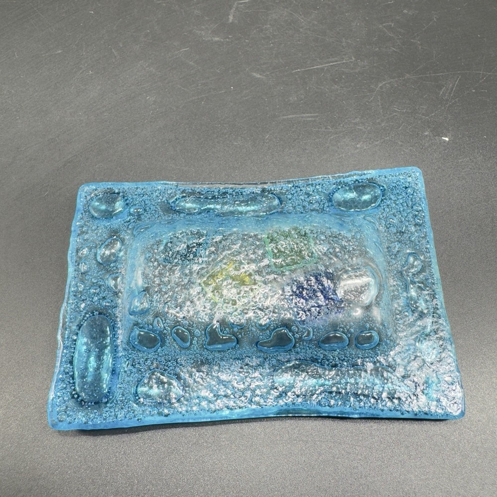Vintage Hand Made Rectangular Trinket Dish Holder Container Plate Blue Bubbles
