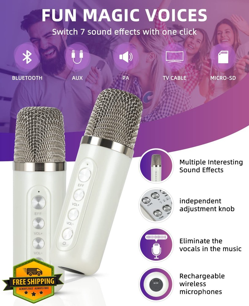 Off White Mini Karaoke Machine Bluetooth PA Speaker 2 Mics