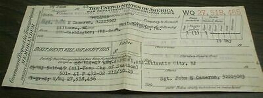 1945 GOVERNMENT REQUEST FOR TRANSPORTATION - WAR DEPT Transportation Corps