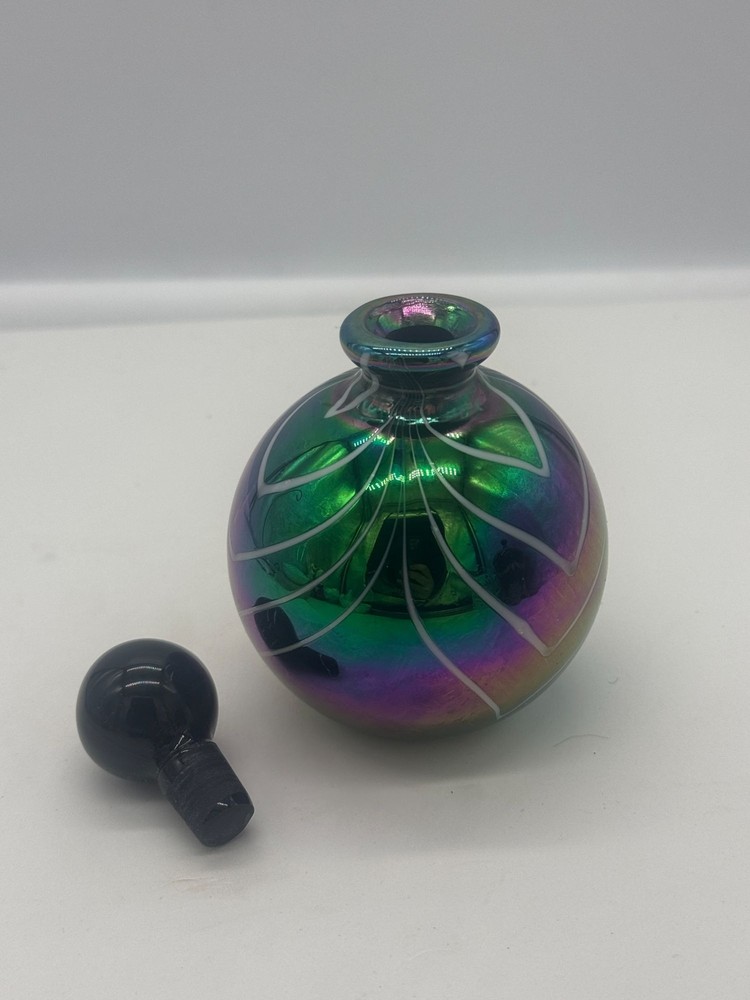 Iridescent Black Glass Perfume Bottle White Pulled Feather