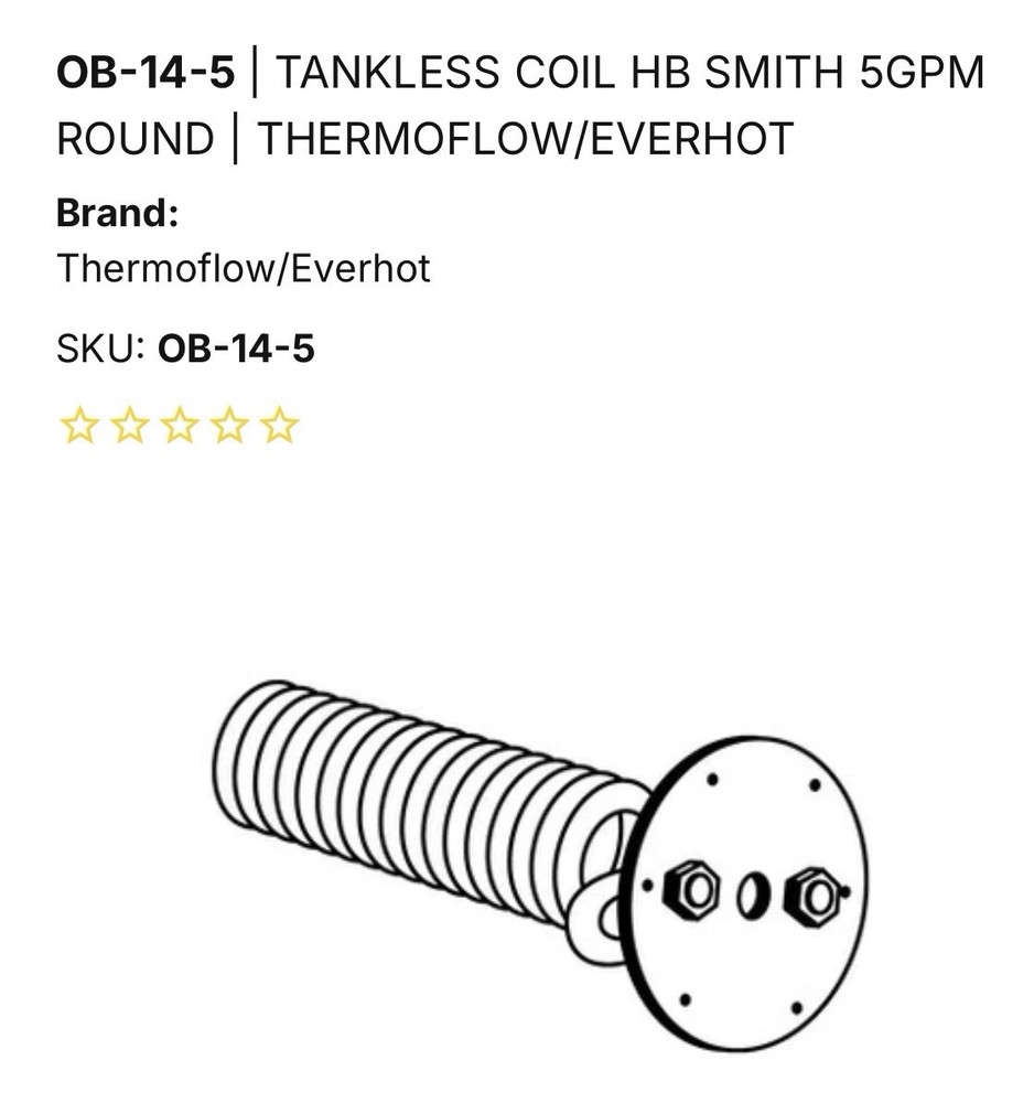 Therma Flow Everhot OB14-5 Tankless Coil For HB Smith Boiler 5 GPM 3/4 Outlet