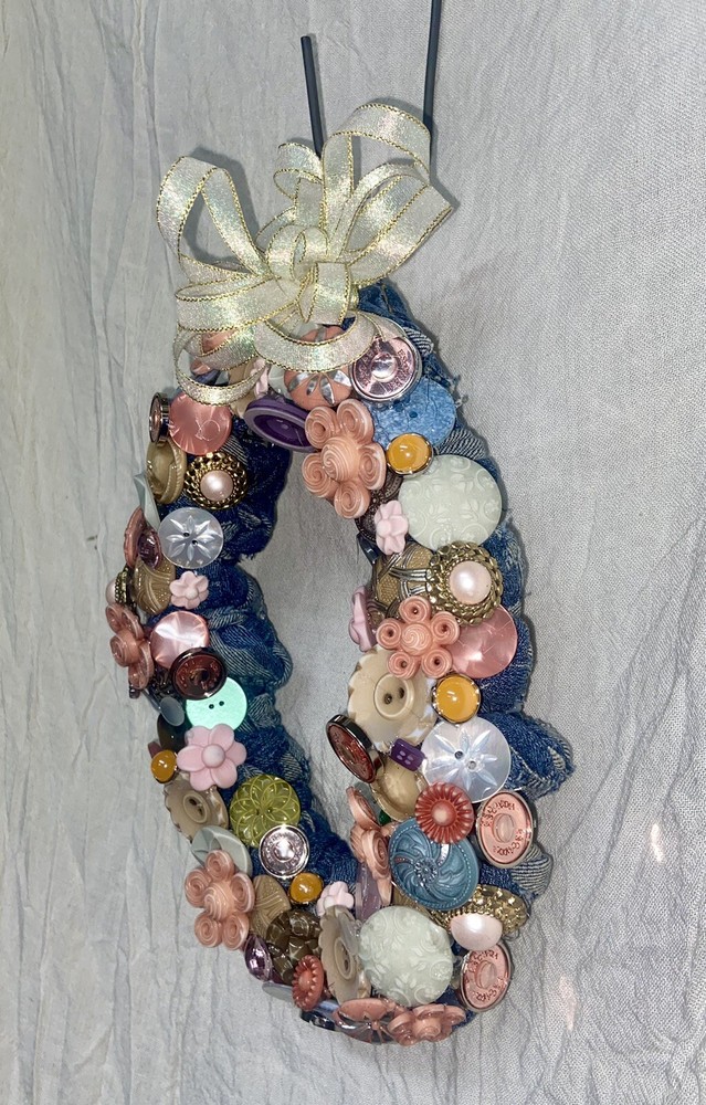 Handmade Oval Wreath 10" Buttons Easter Egg Spring Decor Pastel