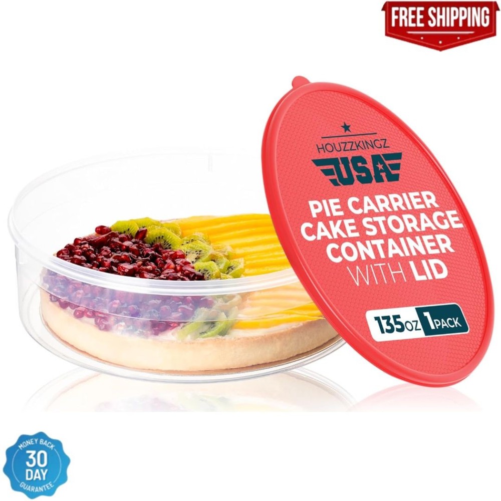 Pie Carrier Cake Storage Clear Container with Red Lid | 10.5" Large Round