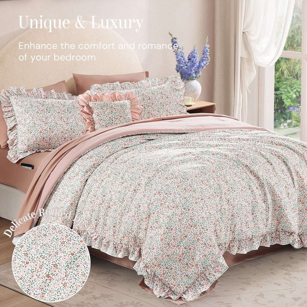 BLOOMHAVEN Queen Comforter Set - 7 Pieces Ruffle Pink Ditzy Bedding Sets, Sha...