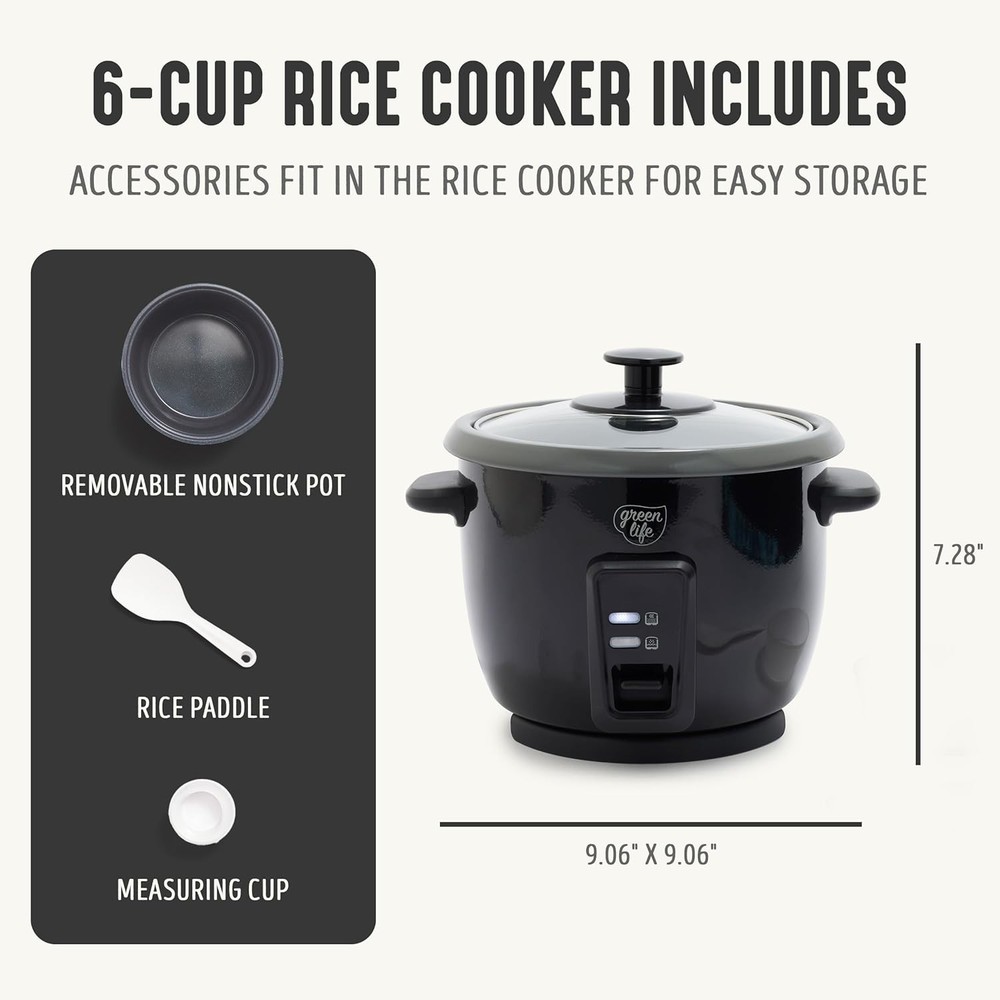 6-Cup Space-Saving Rice Cooker with Removable Ceramic Pot & Easy Clean Design
