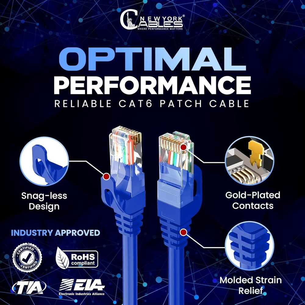 Cat6 Patch Cable 1ft RJ45 Ethernet Pure Copper – 5 Pack