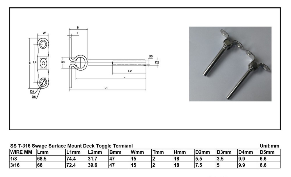 T316 Swage Surface Mount Deck Toggle Terminal for 1/8" Cable
