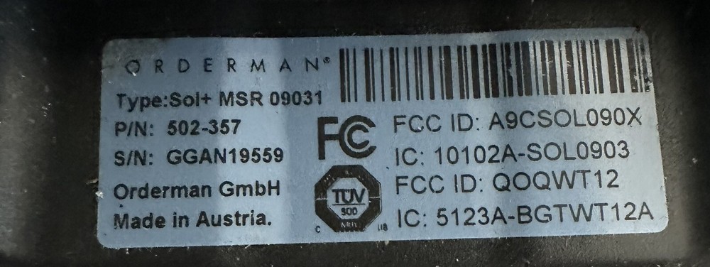 Orderman SOL+ MSR 09031 PN: 502-357 With Battery