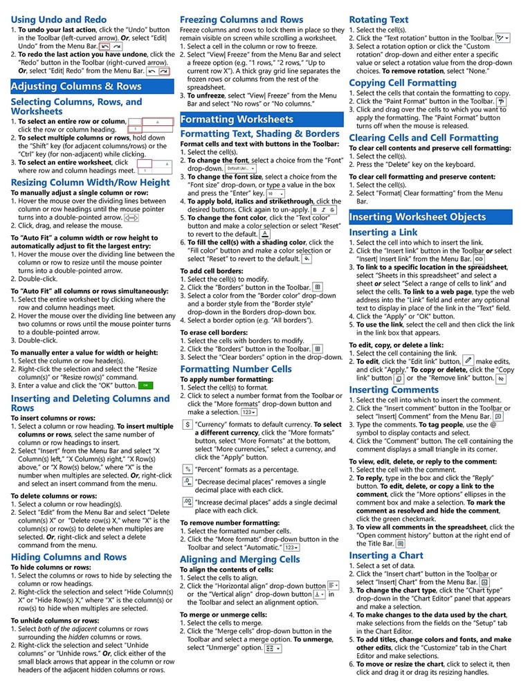 Google Sheets Training Guide Quick Reference Card 4 Page Cheat Sheet Help