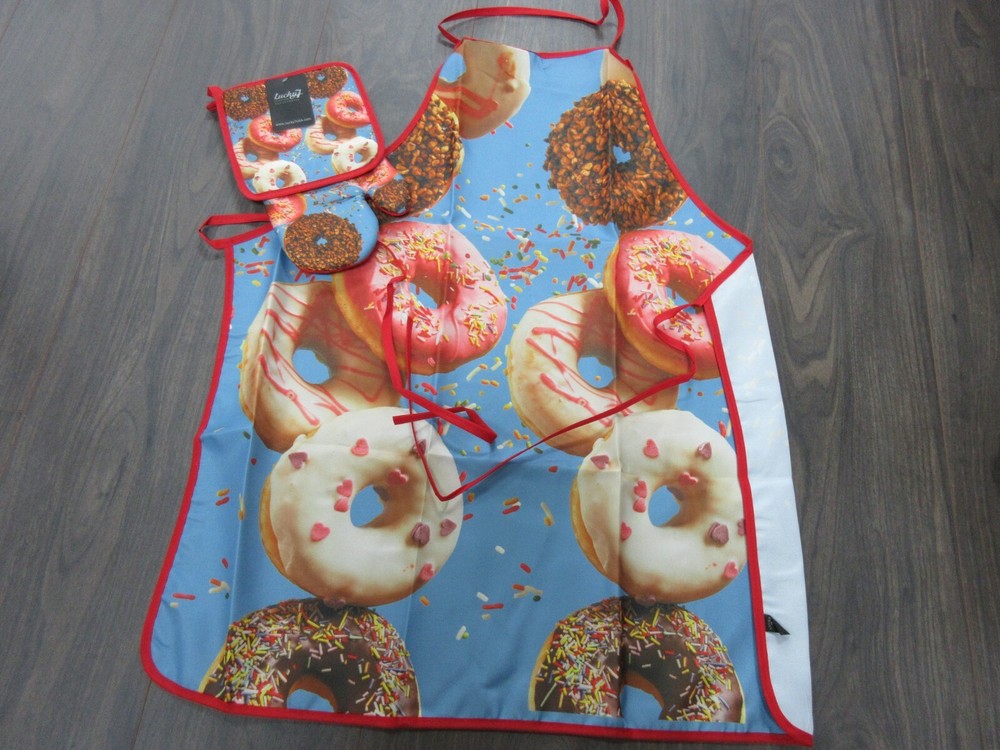 Multi Donuts Apron Oven Mitt And Pot Holder Set New