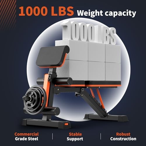 Adjustable Weight Bench - 1000LBS Capacity Heavy Duty Foldable Orange - 1000lbs