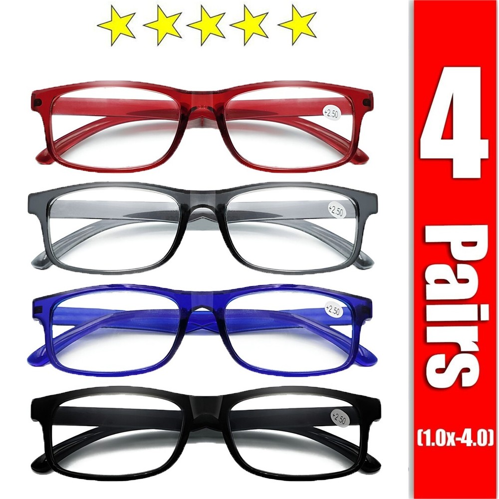 4 Pack Reading Glasses Readers Men Women Square Frame Spring Hinge