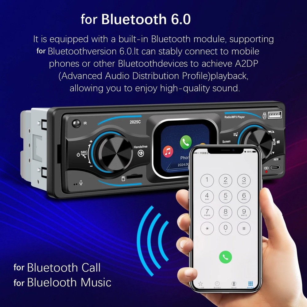 MP3 Car Radio with Steering Wheel Control, Bluetooth A2DP USB TF Card Reader