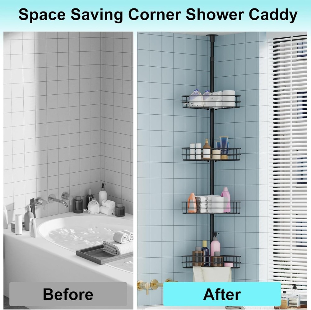 4 Tier Corner Shower Caddy Tension Pole Adjustable Rustproof Bathroom Organizer