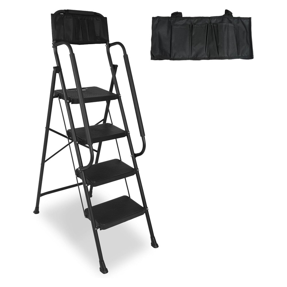 4 Step stool Ladder with Handrails 330 lbs folding Attachable Tool Black
