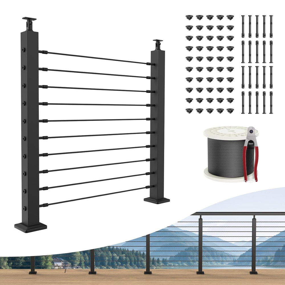 Complete Set 36" Cable Railing Post Kit, Black Surface Mount Adjustable Top Cabl