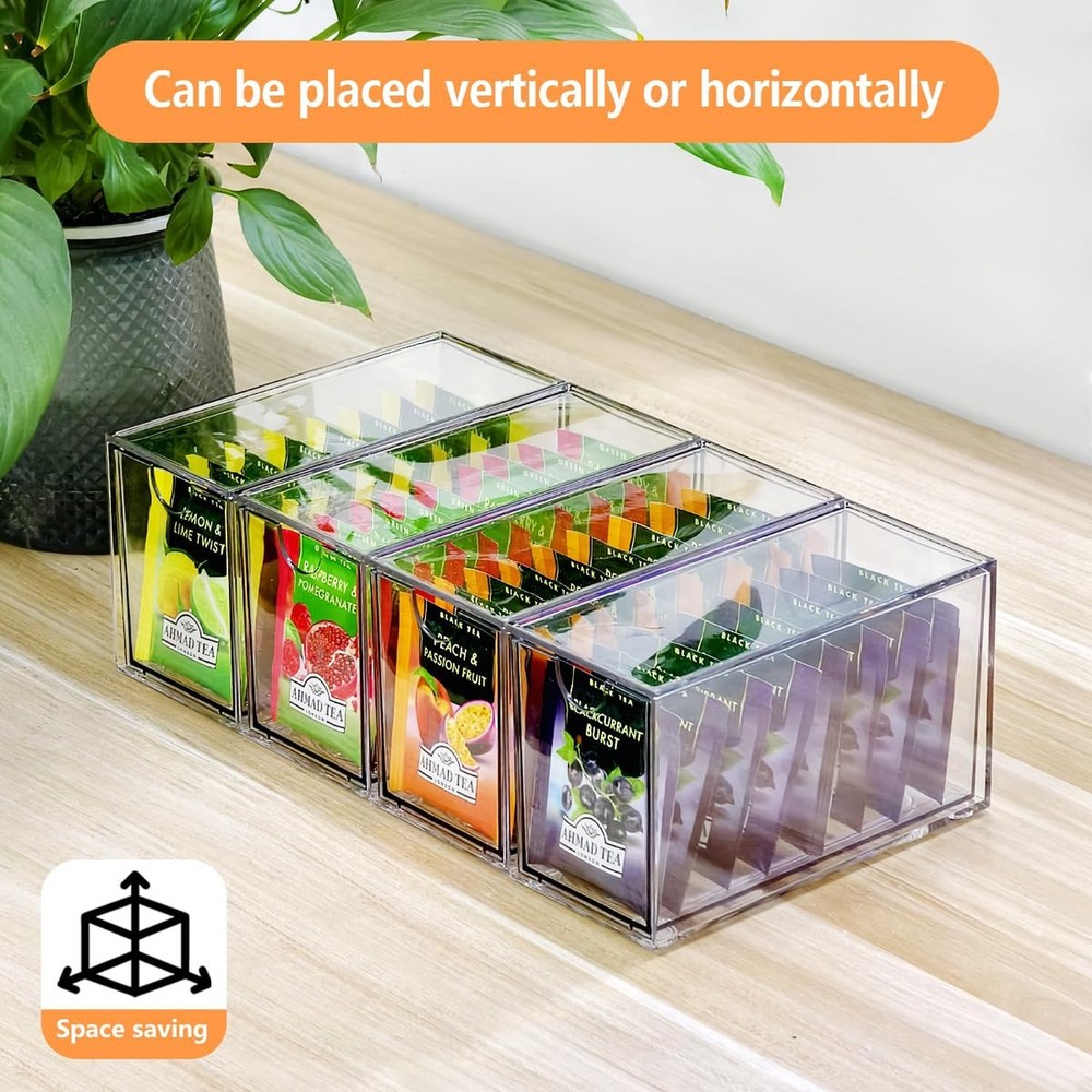 4 Pack Tea Bag Drawers Organizer, Clear Plastic Stackable Tea Organizers and ...